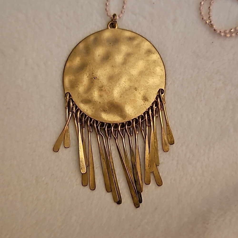 Vintage Hammered Shield Fringe Pendant Chain Festival Necklace - Picture 2 of 5